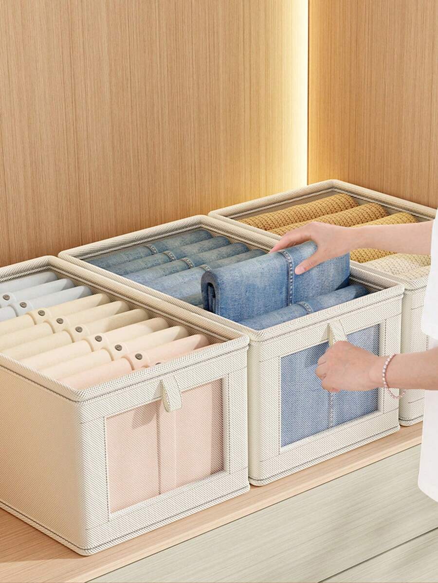 1 件牛津布窗口可视衣服带盖收纳盒便携式织物收纳盒防潮内衣收纳盒折叠衣柜收纳盒适用于衣服、裤子、袜子、内衣。 - 米色 - 查看 1