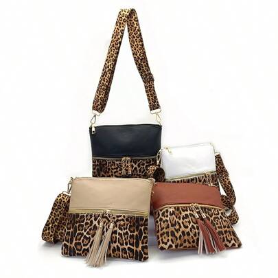 Leopard Print Shoulder Bag, Shoulder & Cross-Body Bag, European And American Fashion New Cross-Body Bag, Fashionable Slim Color-Block Cross-Body Bag With Tassel, Leopard Print Bag, New Fall Winter Cheetah Print Purse For Women