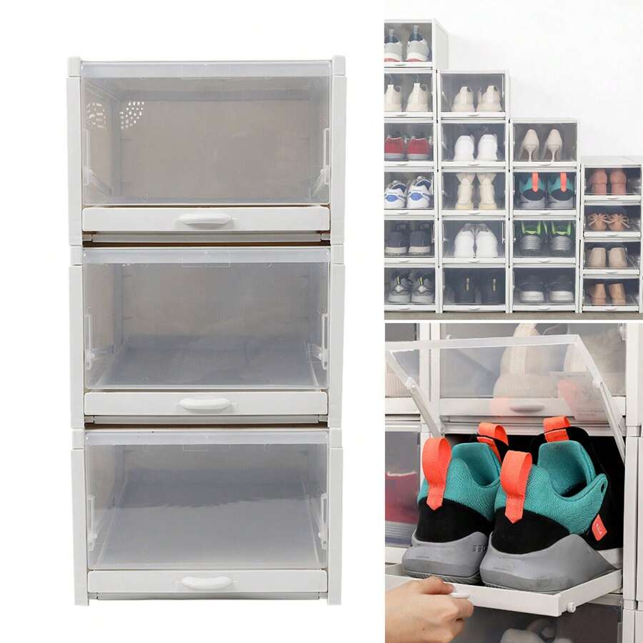 3Pcs Stackable Shoe Box Push Drawer Storage Organizer Shoe Box Clear Cover Gray