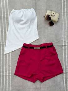 SHORT SET AND SYMMETRIC STRAPPER BLOUSE WITH FASHION BLOGUERINHA BELT - Màu Hồng Tươi - Xem 1