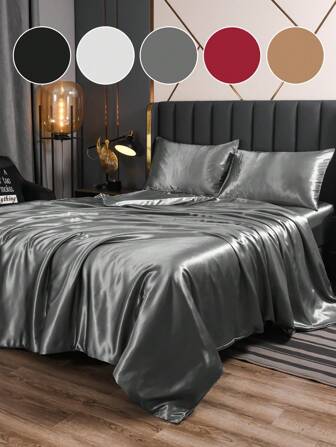 3/4pcs Satin Bed Sheet Set, Bedding Set, Fitted Sheet Set, Solid Color Sheets Set, Soft And Silky Comfortable Mattress Cover Set, Breathable Mattress Protector Set, For Bedroom, Guest Room, Hotel, For Queen King Twin All Size, Cover For Mattress Protector And Mattress Topper, Dustproof, Machine Washable, Ideal Easter Gift, For Independence Day Gift, Perfect Holiday Gift,