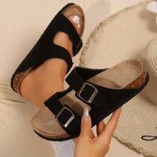 Comfy Women's Slide Sandals With,Adjustable Buckle Straps,And Slip-On Design. Features A Cork Footbed For Extra Comfort! - 黑色 - 查看 5