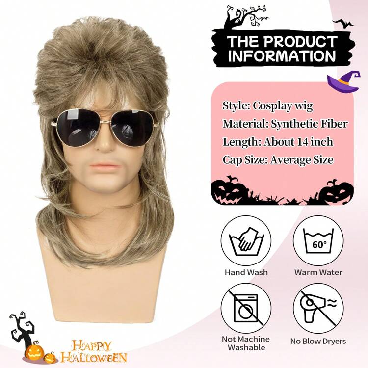 Men Mullet Wigs Brown Curly 70s 80s Retro Cosplay Costume Wig Rocker Disco Fancy Show Wigs Synthetic Wig With Bangs - Light Brown - Light Brown - View 3