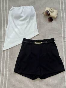 SHORT SET AND SYMMETRIC STRAPPER BLOUSE WITH FASHION BLOGUERINHA BELT - 黑色 - 查看 1