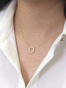 1pc 18K Plated Stainless Steel Rhinestone Hoop Pendant Necklace, Minimalist Design Suitable For Party, Date, Office Wear - Multicolor - View 1