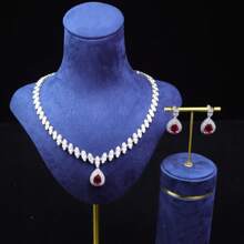 手工製作女士珠寶套裝，銀色經典水滴形和葉形鑲嵌鋯石項鍊耳環套裝，白金電鍍銅配AAA級鋯石，優雅奢華的婚禮派對服裝套裝 - 套裝 - 查看 13