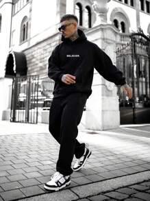 男士字母图案袋鼠口袋落肩连帽衫，秋季长袖上衣 - 黑色 - 查看 4