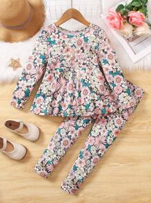 2 件套年轻女孩随机花卉印花圆领长袖上衣和裤子套装，2024 年秋季新品 - 黃色 - 查看 1