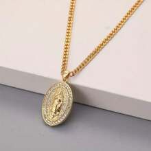 1pc Fashionable Stainless Steel Gold-Color Chain Pendant Necklace, Cubic Zirconia Embedded, Waterproof, Unisex  Jewelry - Yellow Gold - View 4
