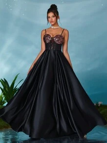 V 领亮片胸罩杯拼接缎面荷叶边连衣裙，黑色优雅正式晚礼服，适合婚礼嘉宾、毕业典礼、晚宴 - 黑色 - 查看 1