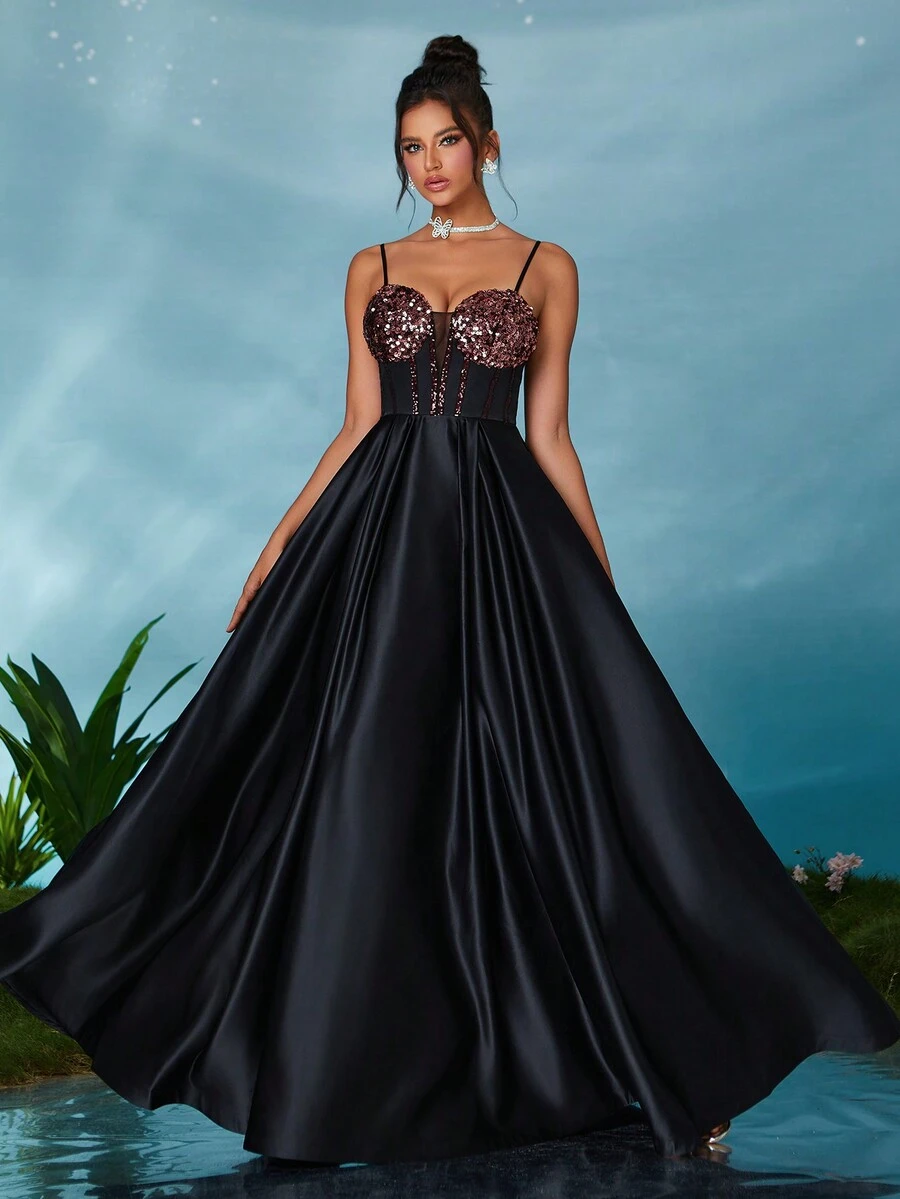 V 领亮片胸罩杯拼接缎面荷叶边连衣裙，黑色优雅正式晚礼服，适合婚礼嘉宾、毕业典礼、晚宴 - 黑色 - 查看 1