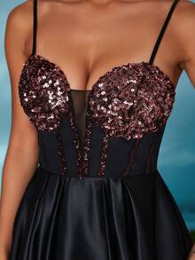 V 领亮片胸罩杯拼接缎面荷叶边连衣裙，黑色优雅正式晚礼服，适合婚礼嘉宾、毕业典礼、晚宴 - 黑色 - 查看 6