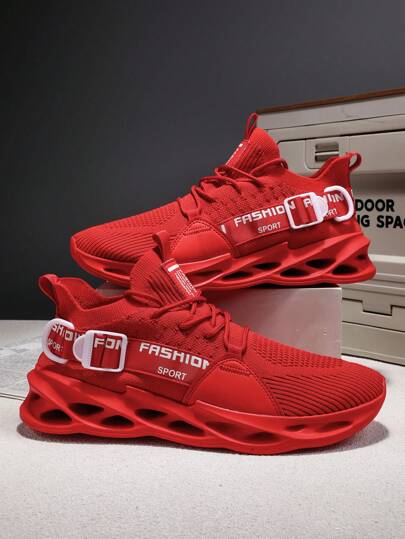 1 Pair Lightweight Elastic Breathable Running Shoes With Decorative Buckle Laces Front Lace-Up Sneakers (Asymmetrical/Random Pattern On Side Straps)