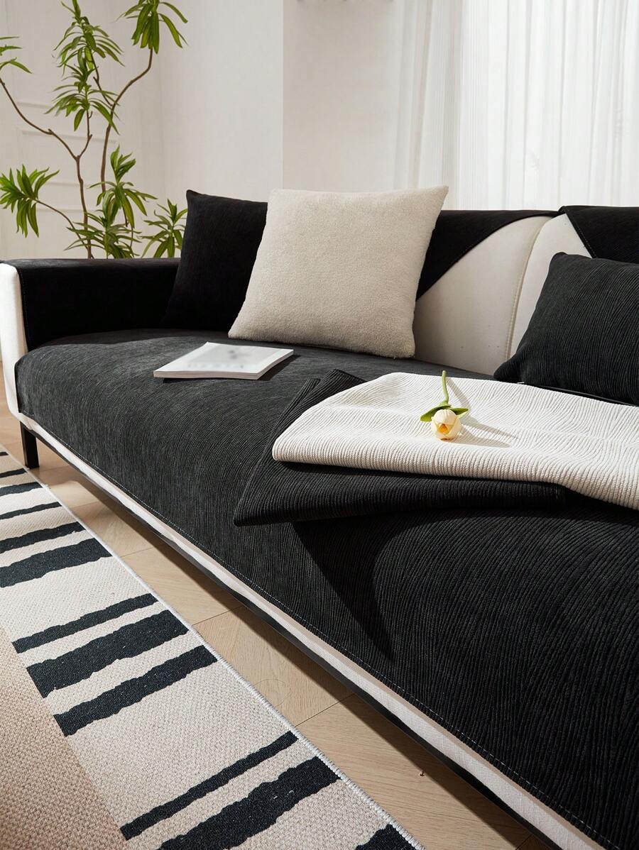 Capa de sofá de chenille de 1 peça, almofada antiderrapante de 1234 lugares/apoio de braço/protetor de encosto, universal para 4 estações - Preto - Ver 1