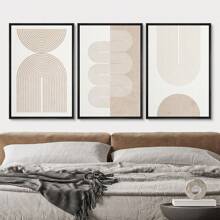 帆布墙艺术 3 件套几何米色螺旋波中世纪现代有机抽象中性艺术印刷品北欧波西米亚风墙面装饰，帆布海报，帆布墙面装饰适用于家庭、客厅、卧室、厨房、浴室