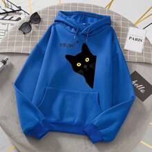 Men's Black Cat Hoodie Fashion Loose Sweatshirts Unisex Thicken Prints High Quality Pullover Street Warm Sportswear - 寶藍色 - 查看 1