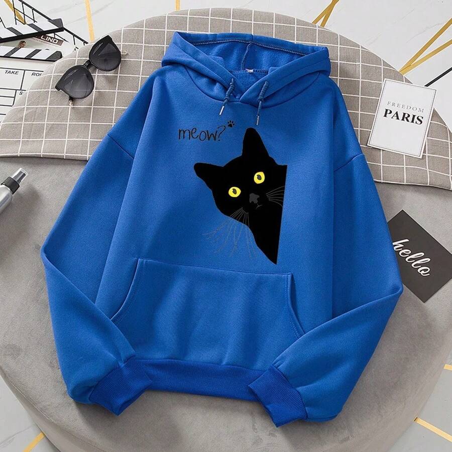 Men's Black Cat Hoodie Fashion Loose Sweatshirts Unisex Thicken Prints High Quality Pullover Street Warm Sportswear - 寶藍色 - 查看 1