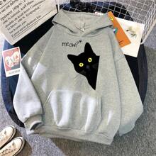 Men's Black Cat Hoodie Fashion Loose Sweatshirts Unisex Thicken Prints High Quality Pullover Street Warm Sportswear - 灰色 - 查看 1