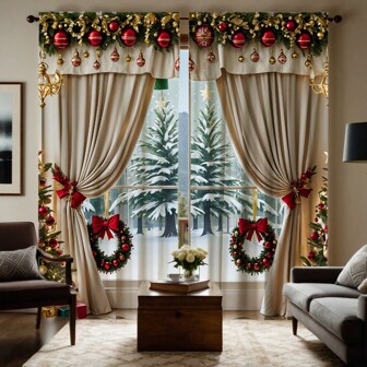 2pcs High Definition Digital Print Luxury Drape Curtain, Yellow Ornate Xmas Style For Living Room, Bedroom