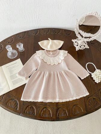 1 件装女婴休闲镂空花领长袖针织毛衣裙，校园风格，春秋季（不含帽子）