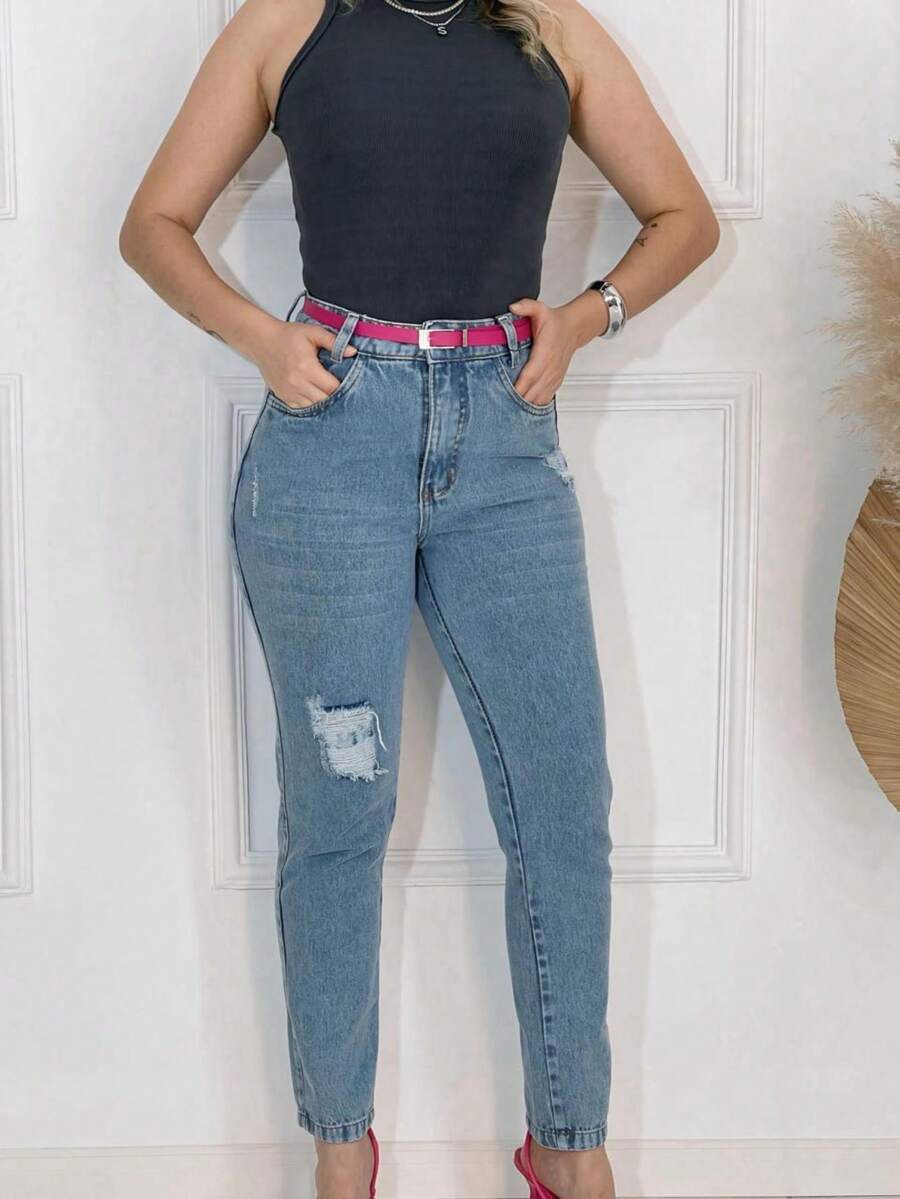 Mom Belt Pants - 中等水洗藍 - 查看 1