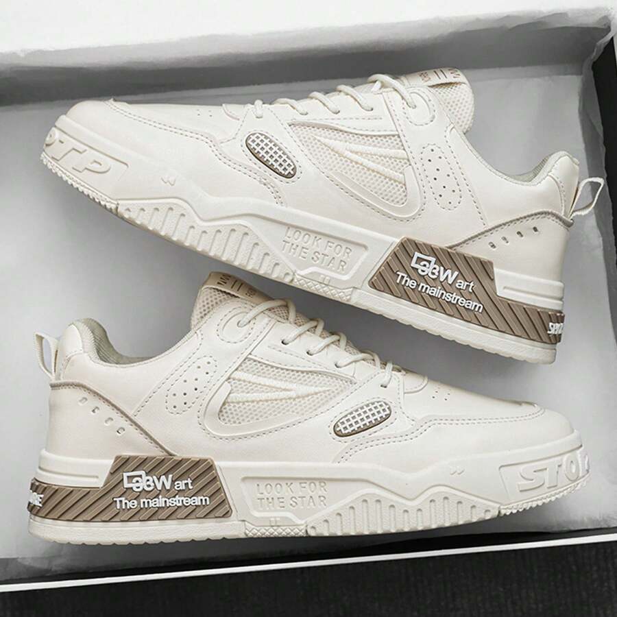 Zapatillas de deporte casuales de punta redonda con cordones y suela gruesa, de uso versátil, para hombre - Beis - Ver 1