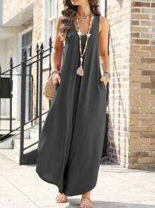 女式无袖褶皱 V 领喇叭阔腿连体裤，带口袋 - 深灰色 - 查看 5