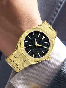 PINTIME Fashion Men's Watch Frosted Stardust Dial Stainless Steel Quartz Analog 41mm Fashion Business Waterproof Watch For Men - Gold - View 5