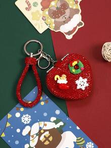 1pc Red Heart Shaped Rhinestone Compact Mirror, Luxury Portable Makeup Mirror, Christmas Decor Handheld Folding Double-Sided HD Mirror (4 Designs Random) - Multicolor - View 4