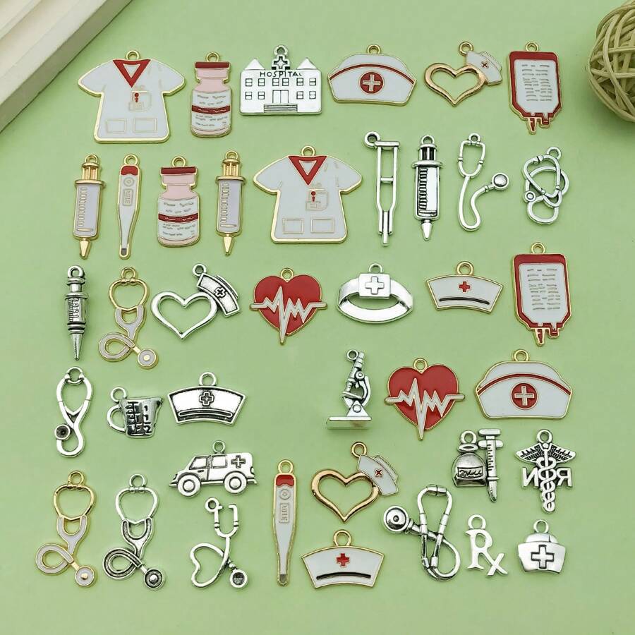 40Pieces Mix Nurse Charms Stethoscope Charms Antique Medical Charms Syringe Nurse Pins Hat Jewelry Charms Alloy Enamel Medical Pendant For DIY Necklace Bracelet Craft Making Crafting Accessories