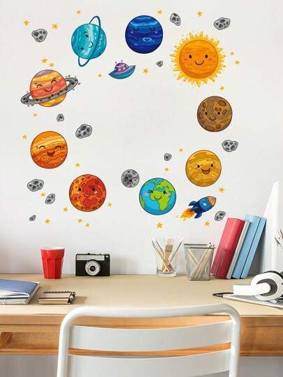 Planet Print Kids Wall Sticker, Cartoon Self Adhesive Wall Art Decal For Home Decor, Stickers, Wall Decal, Vinyl Decal For Home Decorations, Spring Decoration Items Refresh Your Home, Festival Decoration Stickers Gifts Birthday Graduation