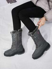 Women's Goose Faux Furs Knee High Winter Snow Boots Warm Holiday Christmas Outdoor Black Boots - Grey - View 3