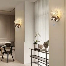 2 piezas de lámpara de pared de cristal, lámpara de pared de lujo con bola de cristal colgante, lámpara de pared montada adecuada para dormitorio, sala de estar, pasillo (sin bombilla) - Dorado - Ver 5