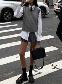 FOR BEAUTY V-Neck Sleeveless Knit Vest, Women Casual Loose Cropped Sweater, New Year Item, Spring/Autumn - Grey - View 4