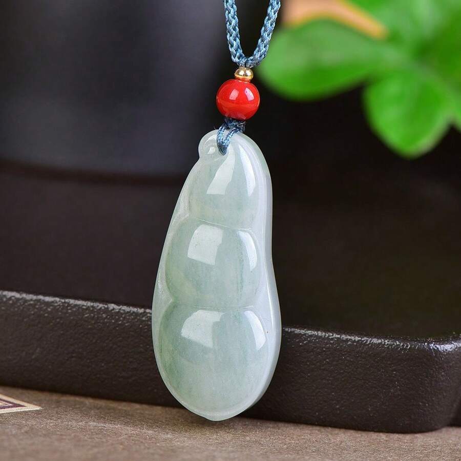 1pc Natural Jade Tianshan Cuifu Bean Pendant, All Hand-Carved, Guardian Peace, Natural Gemstone Fortune Lucky Necklace, Jewelry, Necklace, Healing Crystal, Amulet Gift, Gift For Her, Holiday Gift