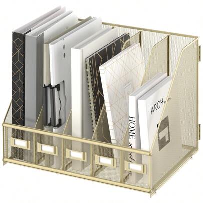 Desk Organizers Metal Desk Magazine File Holder With 5 Vertical Compartments Rack File Organizer For Office Desktop, Home Workspace