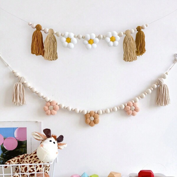 1PC Pink Flower Tassel Banner, Kids Baby Room Decoration, Party Decoration, Cute, Hanging Decoration,Newborn Essentials, Photography Props, Gift