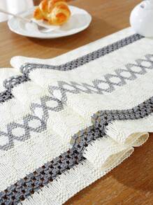 1pc Farmhouse Crochet Patchwork Table Runner, Boho Style Coarse Linen Coffee Color Geometric Pattern, Vintage Charm, Comfortable And Elegant For Coffee Table, Sideboard, Cabinet Cover, Home Decor, Suitable For Kitchen, Dining Room, Dinner Party, Wedding, Bridal Shower, Christmas, Thanksgiving - Multicolor - View 12