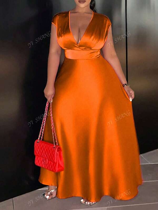 Plus Size Satin V-Neck Pleated Dress, Orange, Glossy