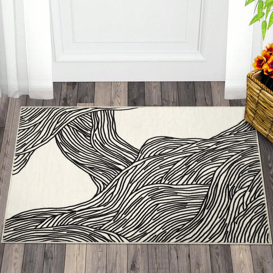 Modern Living Room Home Decor Aesthetics Kitchen Print Area Rug Non Slip Bordered Pet Friendly Indoor Carpet Non Shedding Easy To Clean Mat Throw Rug Low Pile Stain Resistant Floorcover Thin Soft Doormat For Laundry Bedroom Bathroom Bedside Dining Room - Đen và trắng - Xem 1