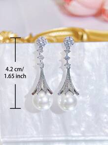 SEQUITO 2 piezas Joyas nobles para la fiesta de bodas de la novia, pendientes de gota con perla y circonia cúbica AAAAA de alta calidad con ajuste engastado en baño de oro blanco