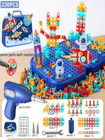 Juego de 230 piezas/228 piezas de juguetes de herramientas para niños, set de juego de herramientas y taladro eléctrico con tornillos y tuercas, juego de rompecabezas 2D/3D, juego de astronauta con taladro eléctrico, juego de construcción de ladrillos DIY, juego de herramientas educativas, regalos para niños y niñas