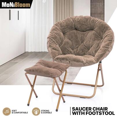 MoNiBloom Round Folding Faux Fur Saucer Chair For Bedroom Living Room Dorm Foldable Metal Frame Oversized Large Comfy Furry Padded Soft Lounge Lazy Cozy Moon Chair For Adults