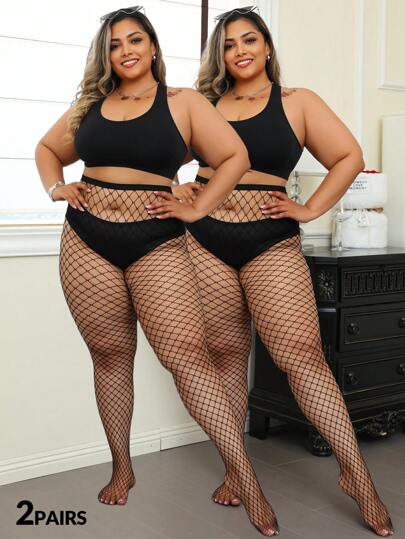 2pcs/Set Plus Size Women Gothic Style Fishnet Tights & Spandex Black Hollow Out Full Length Leggings, Versatile