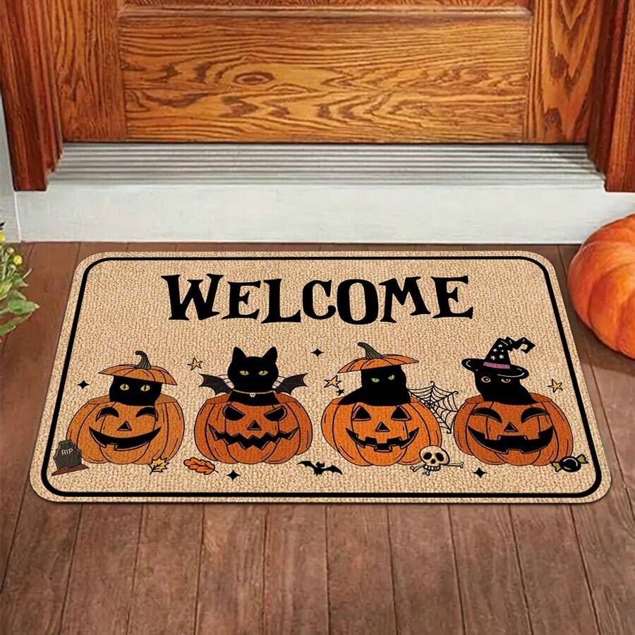 pocket monsters 1pc Halloween Pumpkin Head & Black Cat Pattern Anti-Slip Doormat, Corridor Kitchen Bathroom Balcony Mat, Bathroom Mat Outdoor Carpet, Indoor/Outdoor Decorative Rug