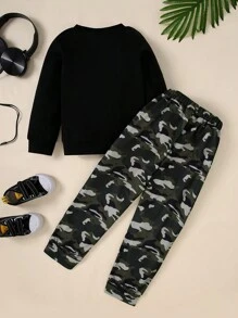 2pcs Young Boy Casual Letter Printed Long Sleeve Top And Camouflage Pants Set, Autumn