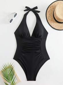 全新夏季连体泳衣女士纯色朴素褶皱修身沙滩泳装；音乐节/节日沙滩 V 领系带女士泳衣 - 黑色 - 查看 5