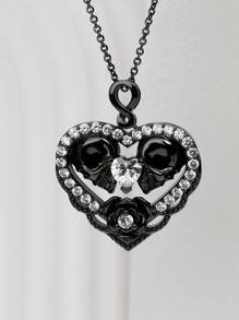 1 Dây chuyền mặt hình đầu lâu hình trái tim S925, Dây chuyền xích phong cách Gothic đen mạ đá cá nhân, Hoàn hảo để đeo hàng ngày tại các bữa tiệc lễ hội ma Halloween Valentine - màu đen - Xem 1