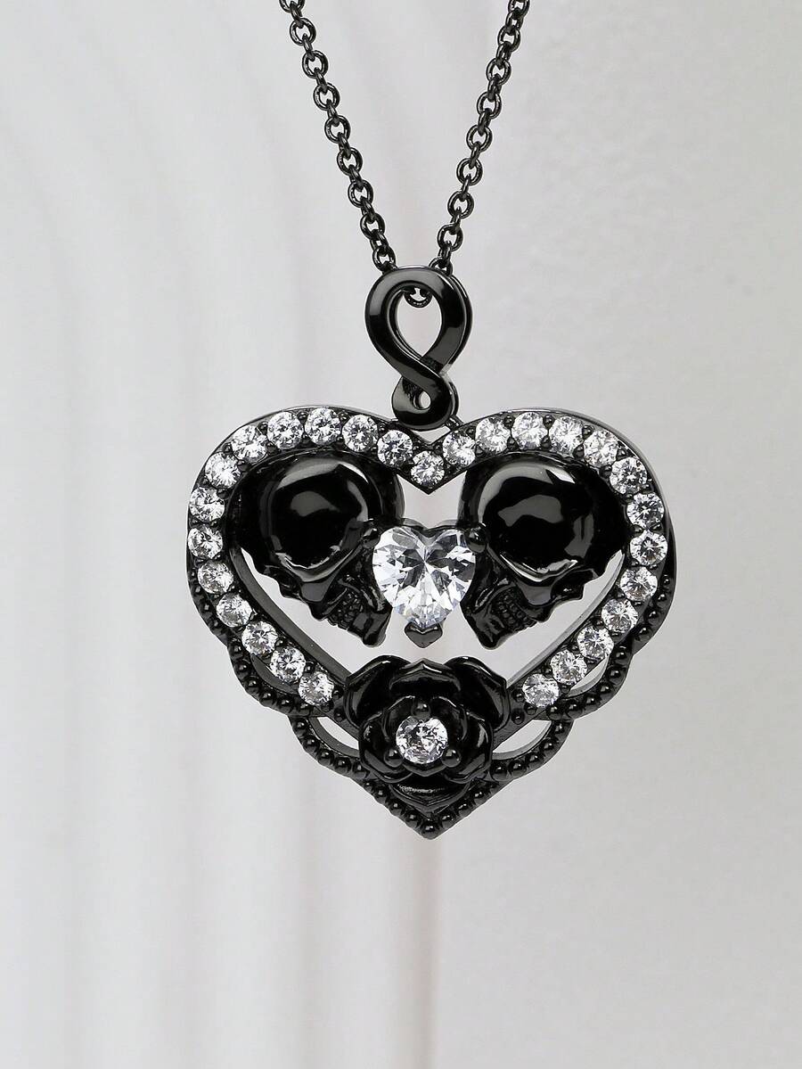 1 Dây chuyền mặt hình đầu lâu hình trái tim S925, Dây chuyền xích phong cách Gothic đen mạ đá cá nhân, Hoàn hảo để đeo hàng ngày tại các bữa tiệc lễ hội ma Halloween Valentine - màu đen - Xem 1