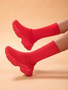 女士休闲运动鞋新款夏季时尚百搭高帮针织网眼运动鞋，年轻女士户外个性街头风格简约纯色鞋，女士户外散步休闲百搭袜套鞋 - 紅色 - 查看 3